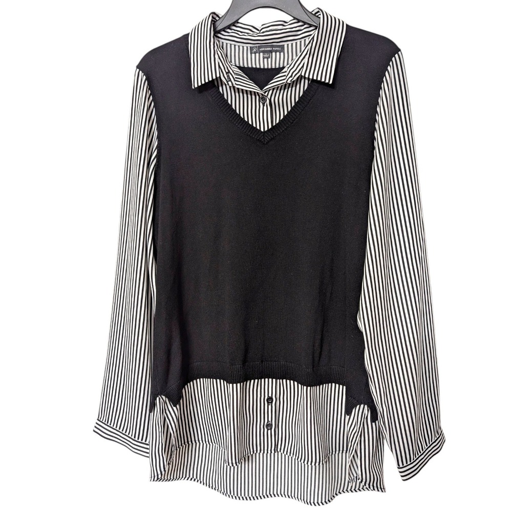 Adrianna Papell Black White Mixed Media Sweater Striped Shirt Collar Blouse Top
